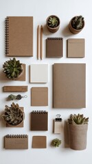Neutral Toned Stationery and Succulents Flat Lay with Notebooks Pencils and Small Plants on a White Background