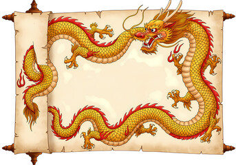 Fototapeta premium Golden Dragons Embracing an Antique Scroll A Mythological Frame isolated on transparent background