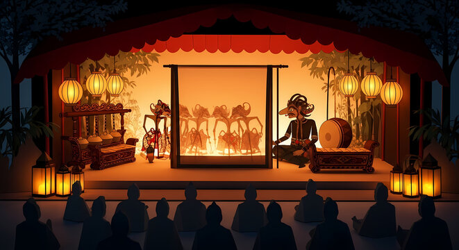 Atmospheric Diorama of a Traditional Javanese Wayang Kulit Performance