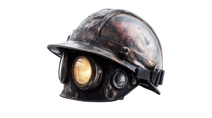 Miner's helmet with mounted headlamp and rugged surface, background isolated on a Transparent background, PNG file.
