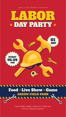 Labor Day Party Story Design with Hard Hat and Crossed Tools on Red Grid