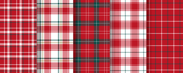 Plaid seamless pattern. Christmas checkered background. Set gingham prints. Tartan red green texture. Flannel shirt textile. Lumberjack fabrics. Buffalo tablecloth. Vichy backdrop. Vector illustration