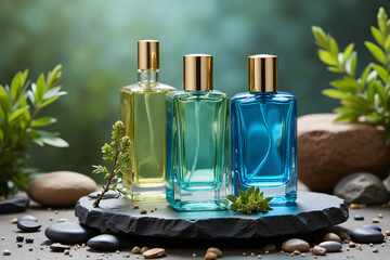 A spa still life features a glass bottle of essential oil for aromatherapy and beauty care