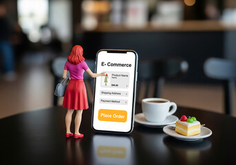Female model shopping online with smartphone, Miniature model figures 