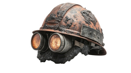 Miner's helmet with mounted headlamp and rugged surface, background isolated on a Transparent background, PNG file.