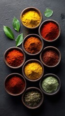 Variety of Colorful Spices in Bowls on Dark Background with Green Leaves for Cooking and Flavor
