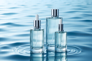 A transparent glass perfume bottle with a blue sprayer, isolated on white, contains a luxurious cosmetic liquid fragrance