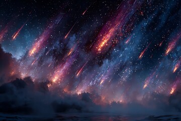 Fototapeta premium Fiery meteor shower over dark cloudscape night sky