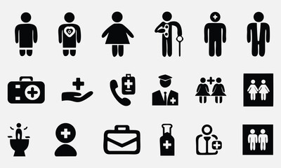 Medical and Healthcare Icon Set in Black Silhouette Style