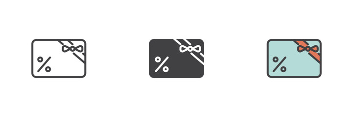 Discount gift card icon set in line, solid and filled outline style