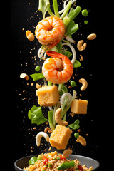 Fresh healthy salad with red pepper, green vegetables, and orange gourmet fish on a white plate