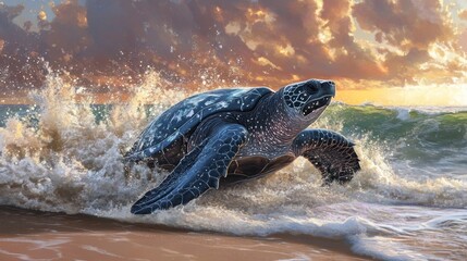 Obraz premium Sea turtle bursts through waves at sunrise