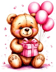teddy bear with gift and balloons. watercolor birthday card.