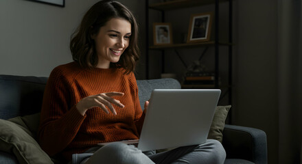 Happy woman video chatting on laptop at home smiling joyful relaxing comfortable couch living room technology internet connection communication