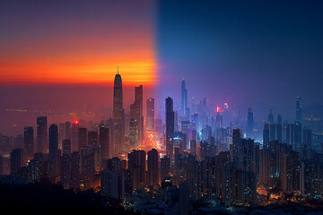 Obraz premium Urban cityscapes and serene riverscapes glow under the radiant sky, from fiery sunsets and tranquil sunrises to the dramatic silhouettes of buildings at dusk