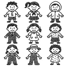 Kids Outfit Doodle Illustration Set – Hand Drawn Children Fashion in Cute Black and White Style – Transparent Background