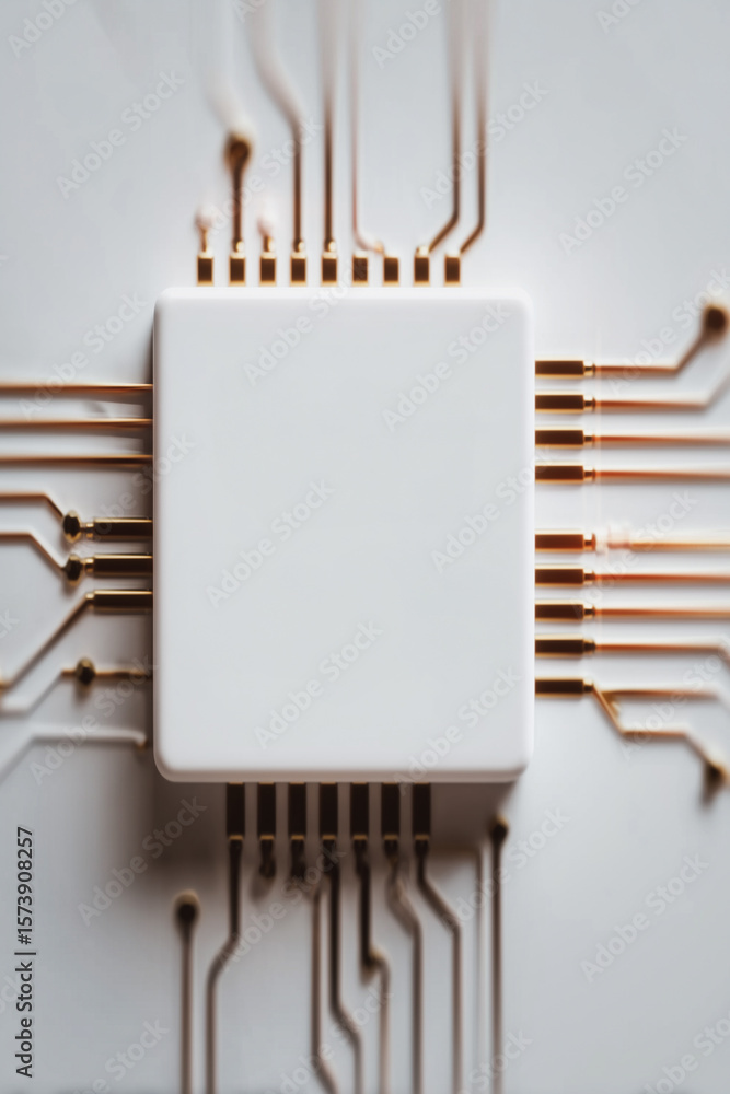 Poster tech circuit: a close-up shot of a microchip, showcasing its intricate circuits, clean lines, and th