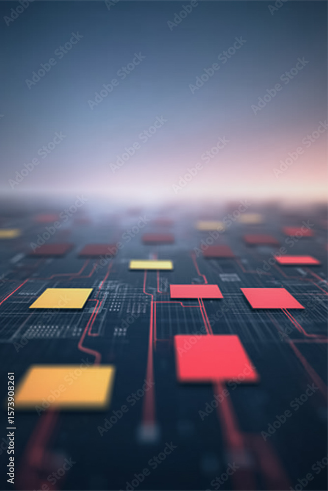 Poster circuit board pattern: a patterned circuit board with orange and red square accents, evoking modern 