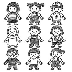 Kids Outfit Doodle Illustration Set – Hand Drawn Children Fashion in Cute Black and White Style – Transparent Background