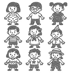 Kids Outfit Doodle Illustration Set – Hand Drawn Children Fashion in Cute Black and White Style – Transparent Background