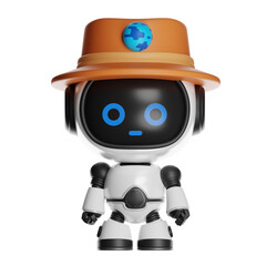 Cute AI Robot Wearing Adventure Hat with Earth Globe 3D Render