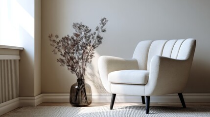 Cream armchair in minimalist room with dried flowers in a glass vase interior
