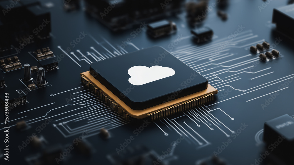 Poster cloud computing: a close-up shot highlighting a central processing unit (cpu) with a cloud icon, on 