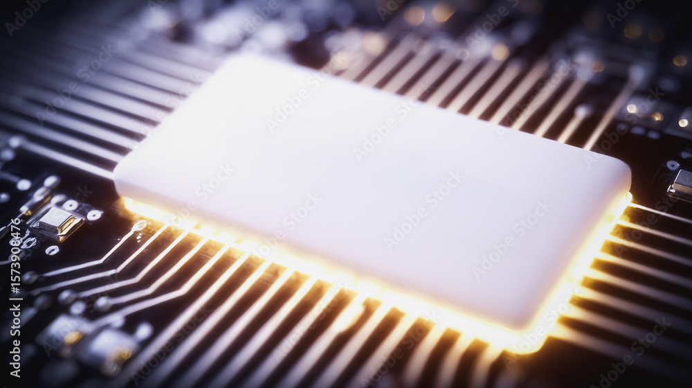 Poster illuminated microchip: close-up of an illuminated microchip, symbolizing the core of innovation and 