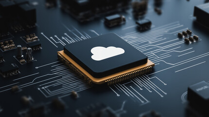 Cloud Computing: a close-up shot highlighting a central processing unit (CPU) with a cloud icon, on a motherboard that represents modern digital infrastructure.