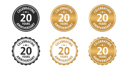 Celebrating 20 Years Anniversary Medals | Vector Badges for Milestone Events, Corporate Branding and Business Promotion in Gold and Black
