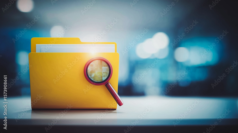 Poster digital document search: the close-up shot displays a stylized yellow folder with a magnifying glass