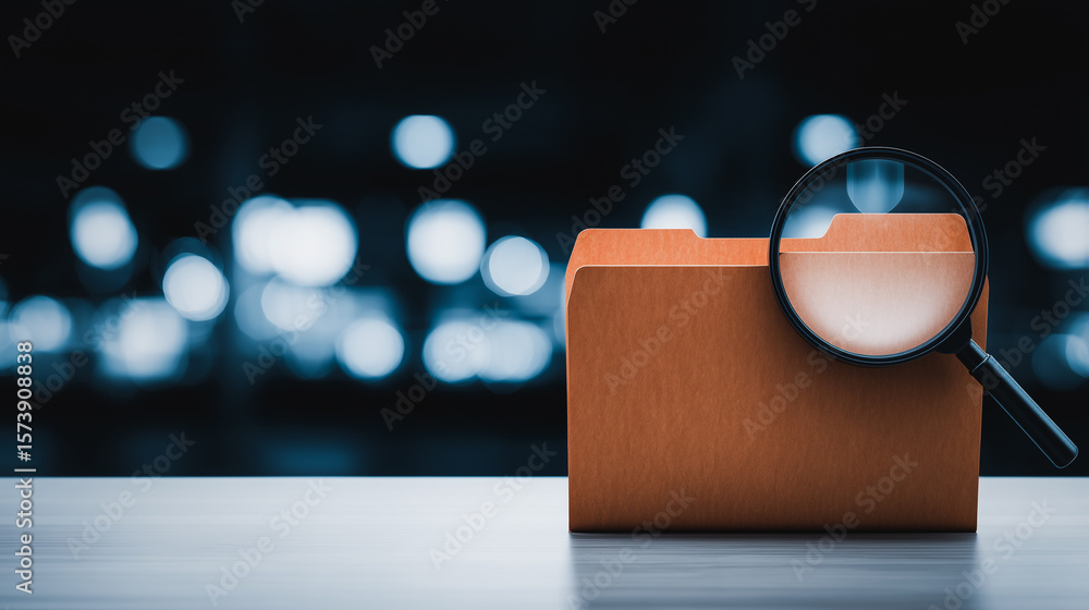 Poster data examination: a close-up shot of a file folder under magnified examination, symbolizing informat