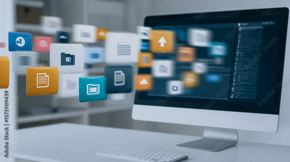 Poster digital flow: a dynamic image of data, files, and applications seemingly emerging from a modern comp