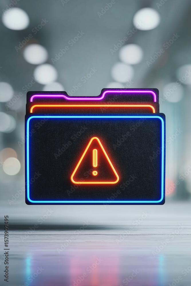 Aufkleber digital warning icon: a neon-lit folder icon with an exclamation mark symbolizes a digital alert aga