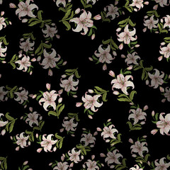 Pink and green lily flowers seamless pattern on black background.