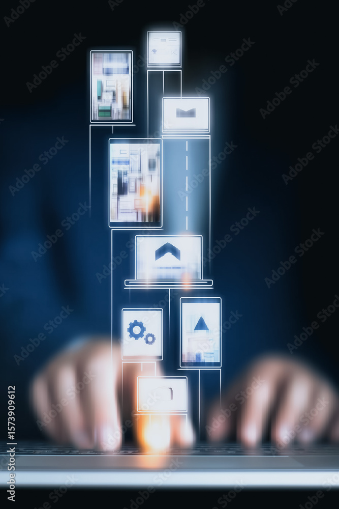 Poster digital information stream: a visually compelling image of a person interacting with a laptop, symbo