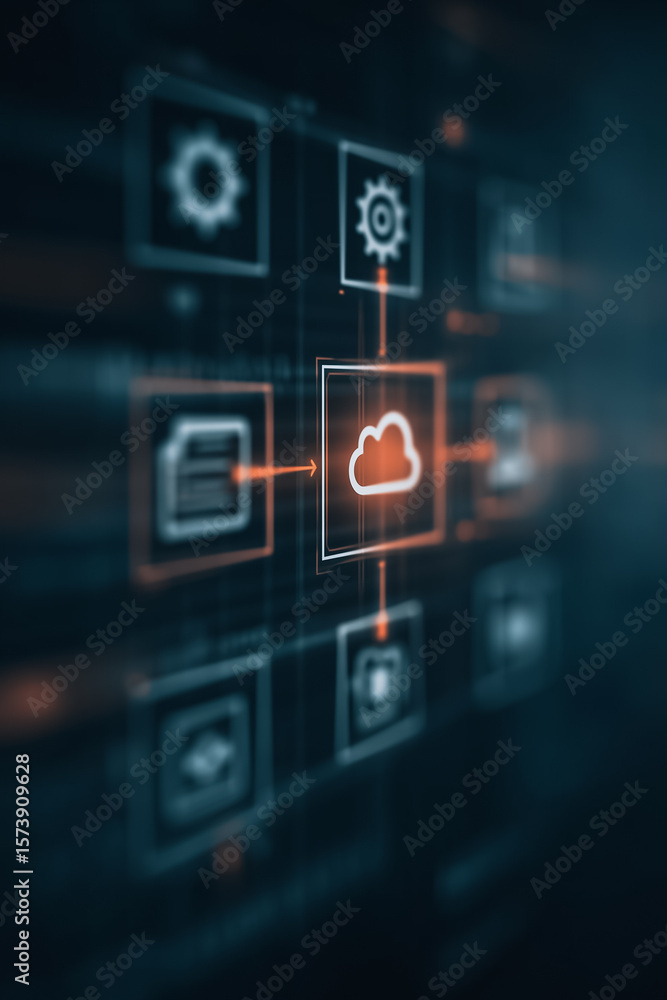 Poster digital innovation: a futuristic digital interface with interconnected cloud computing and various a