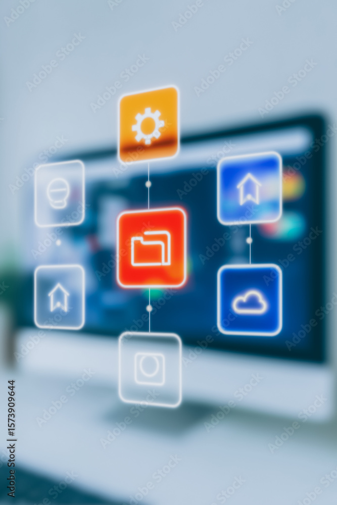Poster Connected Digital Interface: Futuristic digital interface icons layered on a modern computer screen, representing interconnected concepts and innovative information. 