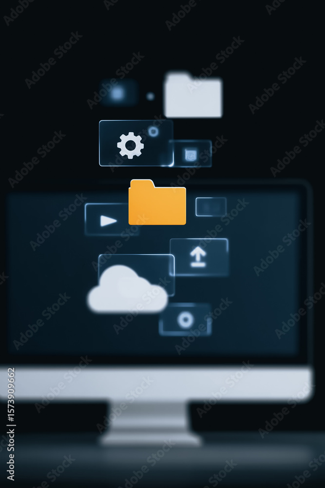 Poster cloud computing: a digital display showcases essential elements of cloud computing with a futuristic