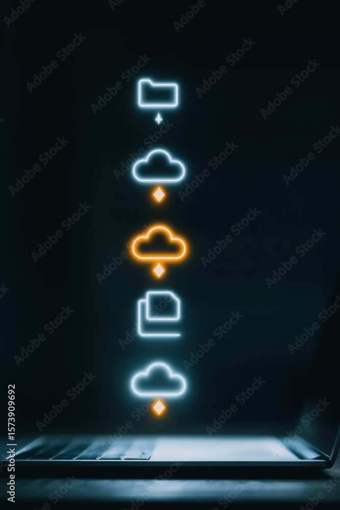 Poster cloud data flow: a vivid illustration of a digital data flow, a dynamic composition that vividly rep