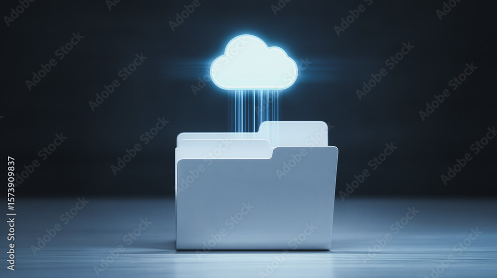 Poster cloud data storage: futuristic digital cloud icon uploading data into a white folder. the image symb