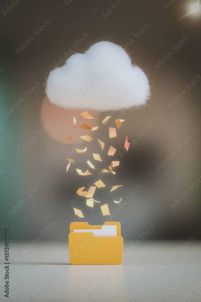 Poster cloud data storage: a fluffy cloud icon gracefully releases digital files into a yellow folder, symb
