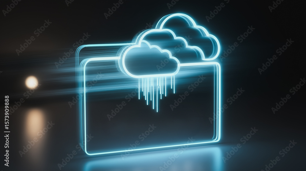 Poster cloud folder icon: a captivating neon-lit image showcasing a cloud and file folder, symbolizing digi