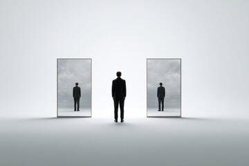 Obraz premium A person stands between two mirrors, each reflecting
