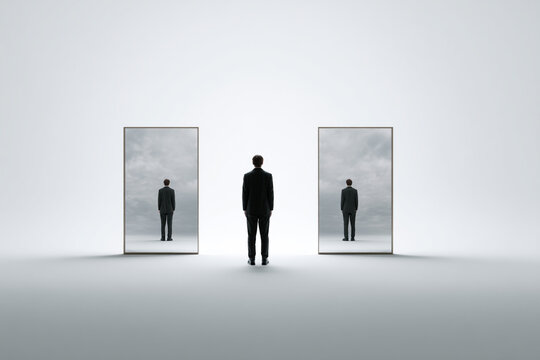 A person stands between two mirrors, each reflecting