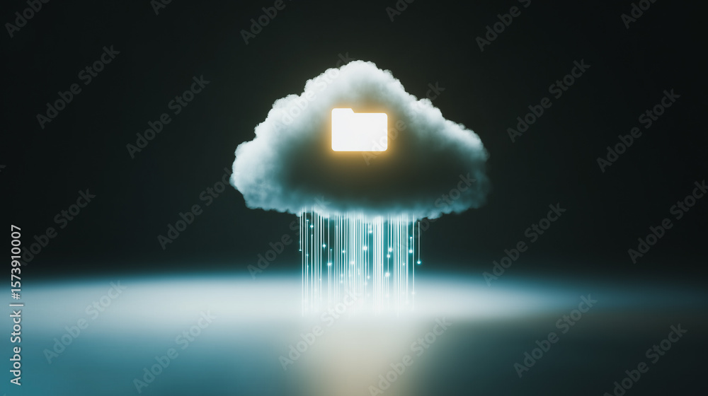 Poster cloud storage: a digital cloud with a luminous folder icon, emitting streams of data and ideas to re