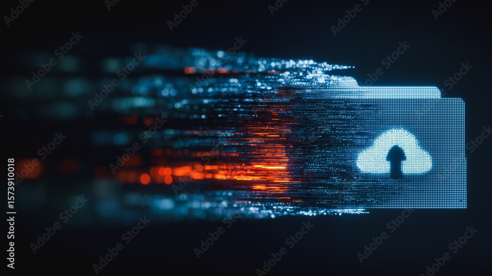 Poster cloud data transfer: abstract visualization of data transfer to cloud storage, depicted as digital s