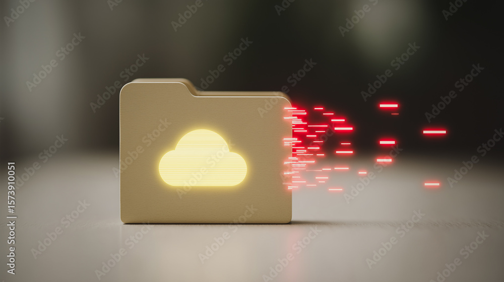 Poster cloud data transfer: a beige folder icon with a glowing cloud symbol is depicted, with data streamin