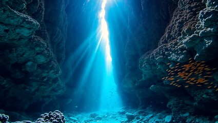 Underwater cave with sun rays and school of fish stock image