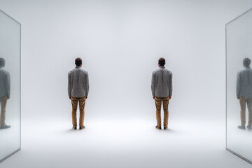 Obraz premium A person stands between two mirrors, each reflecting
